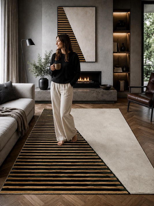 Luxury Geometric Area Rug | Modern Black Beige Wool Rug | Minimalist Contemporary Carpet | Handmade Designer Living Room Rug UK US Decor