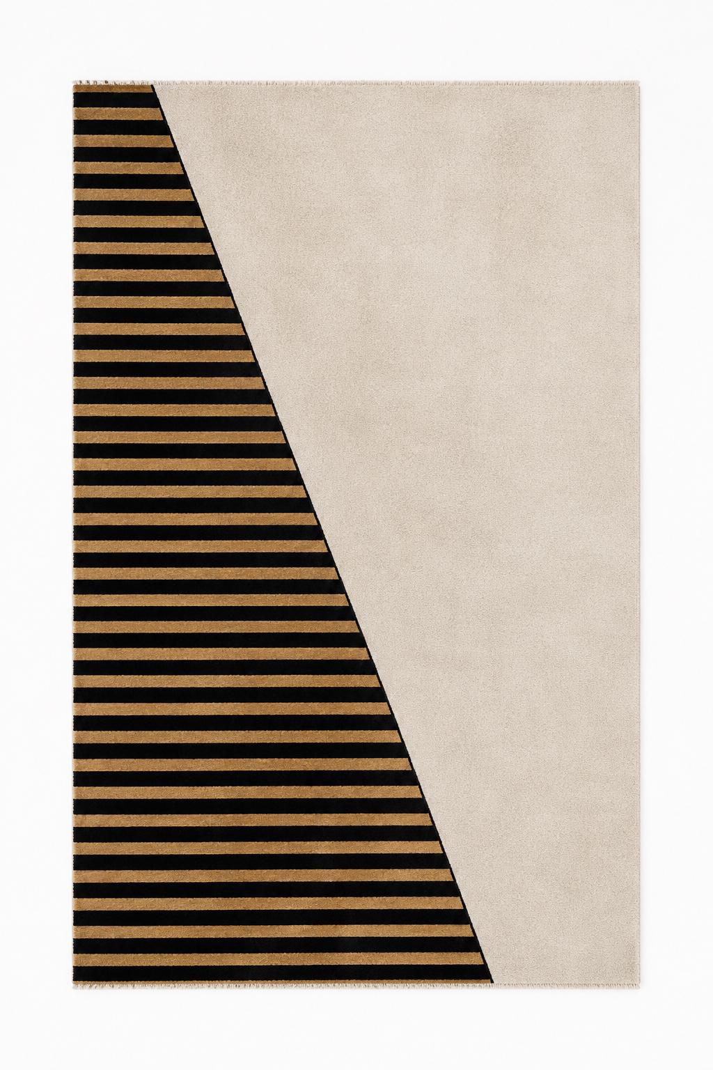 Luxury Geometric Area Rug | Modern Black Beige Wool Rug | Minimalist Contemporary Carpet | Handmade Designer Living Room Rug UK US Decor