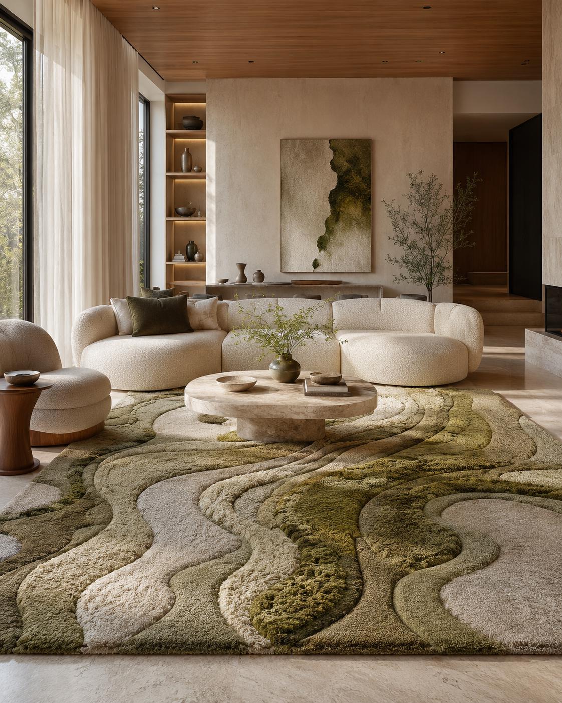Luxury Moss Tufted Rug | Handmade Sculpted Area Rug | Organic Modern Green Rug | Abstract Textured Wool Carpet | Wavy Neutral Home Decor