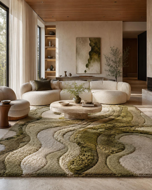 Luxury Moss Tufted Rug | Handmade Sculpted Area Rug | Organic Modern Green Rug | Abstract Textured Wool Carpet | Wavy Neutral Home Decor