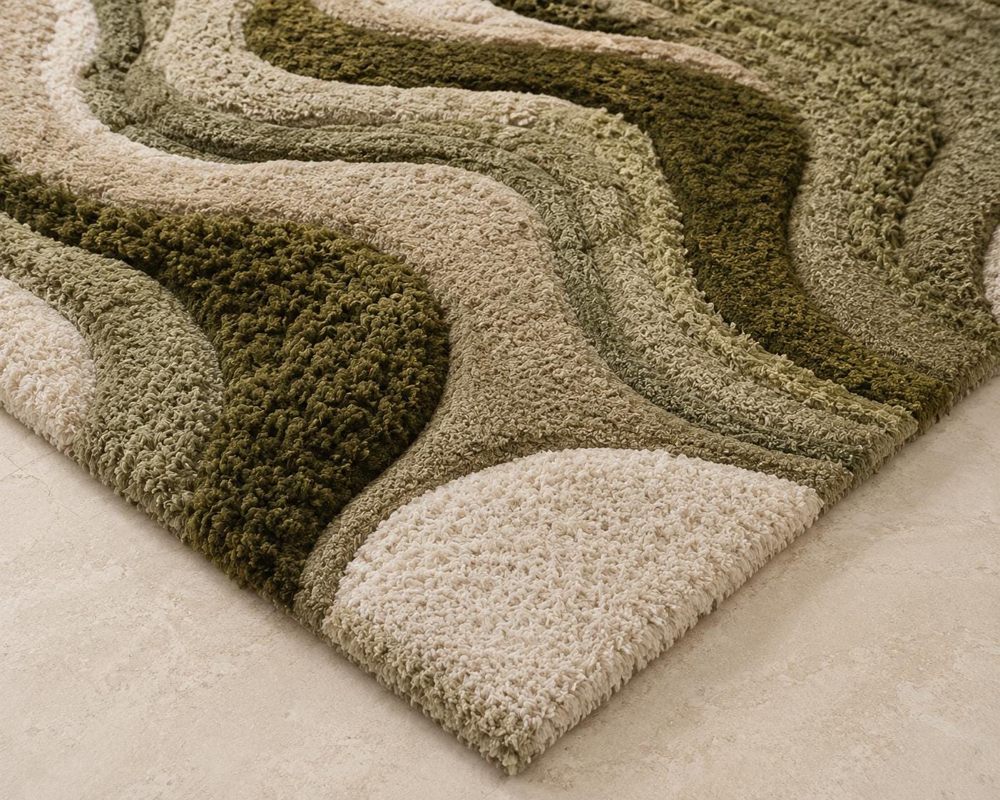 Luxury Moss Tufted Rug | Handmade Sculpted Area Rug | Organic Modern Green Rug | Abstract Textured Wool Carpet | Wavy Neutral Home Decor