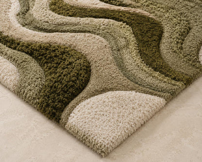 Luxury Moss Tufted Rug | Handmade Sculpted Area Rug | Organic Modern Green Rug | Abstract Textured Wool Carpet | Wavy Neutral Home Decor