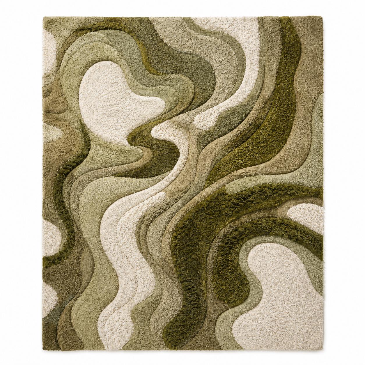 Luxury Moss Tufted Rug | Handmade Sculpted Area Rug | Organic Modern Green Rug | Abstract Textured Wool Carpet | Wavy Neutral Home Decor