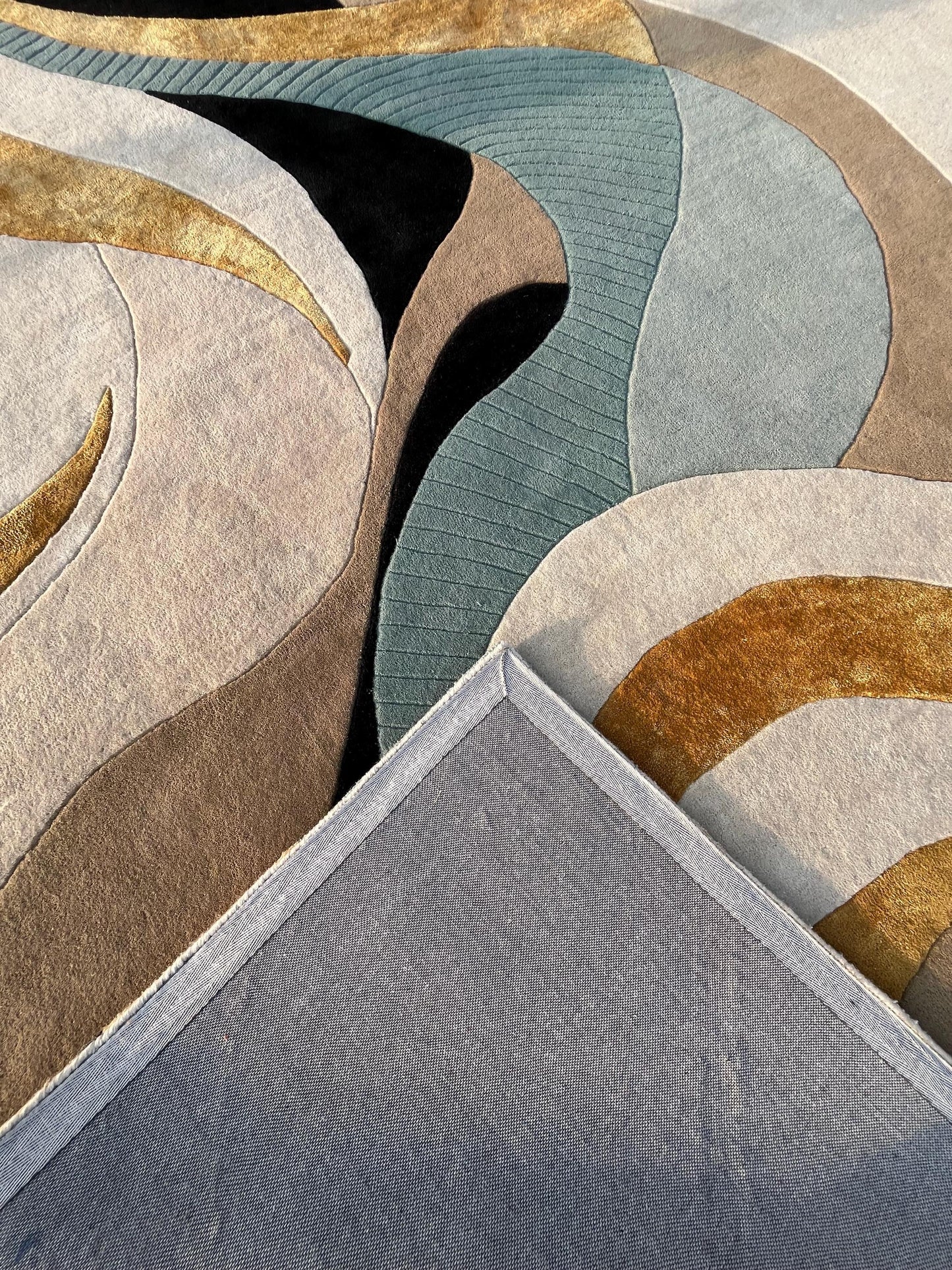Luxury Abstract Hand Tufted Wool Rug |Modern Beige Gold Blue Area Rug| Contemporary Handmade Carpet | Designer Living Room Rug | 9x12 8x10