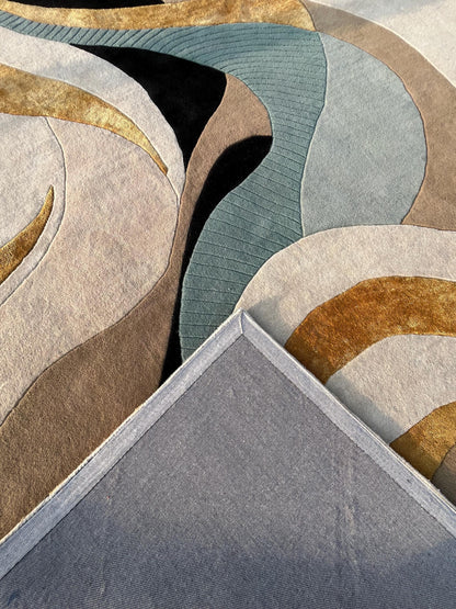 Luxury Abstract Hand Tufted Wool Rug |Modern Beige Gold Blue Area Rug| Contemporary Handmade Carpet | Designer Living Room Rug | 9x12 8x10