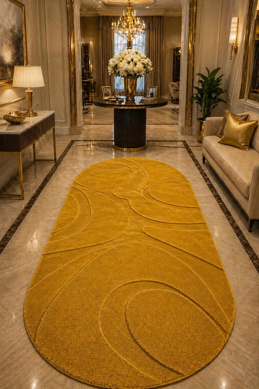 Luxury Gold Oval Rug | Hand Tufted Wool Rug | Abstract Modern Rug | Plush High Pile Carpet | Custom Size Area Rug | Designer Bedroom