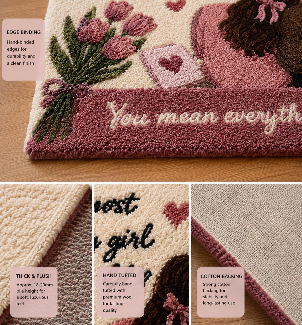 Personalized Tufted Rug Gift for Girlfriend Birthday | Handmade Wool Couple Rug | Custom Romantic Area Rug | Pink Aesthetic Room Decor