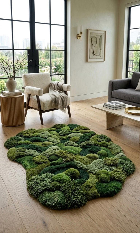 Hand Tufted Moss Rug | Organic Wool Area Rug | 3D Textured Green Rug | Irregular Shape Rug | Nature Inspired Plush Carpet Luxury Modern Rug