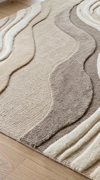 Luxury Hand Tufted Wool Rug | 3D High Low Sculpted Abstract Rug | Neutral Beige Ivory Modern Area Rug | Organic Wave Texture Carpet |