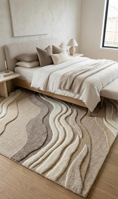 Luxury Hand Tufted Wool Rug | 3D High Low Sculpted Abstract Rug | Neutral Beige Ivory Modern Area Rug | Organic Wave Texture Carpet |