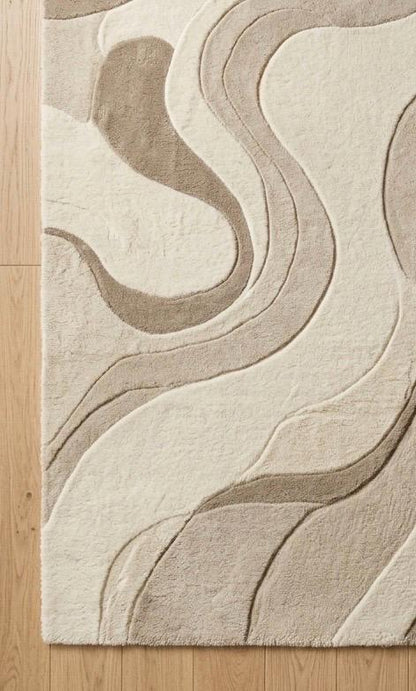 Luxury Hand Tufted Wool Rug | Neutral Beige Ivory Abstract Rug | 3D High-Low Sculpted Carpet | Modern Minimalist Bedroom Rug | Soft Plush