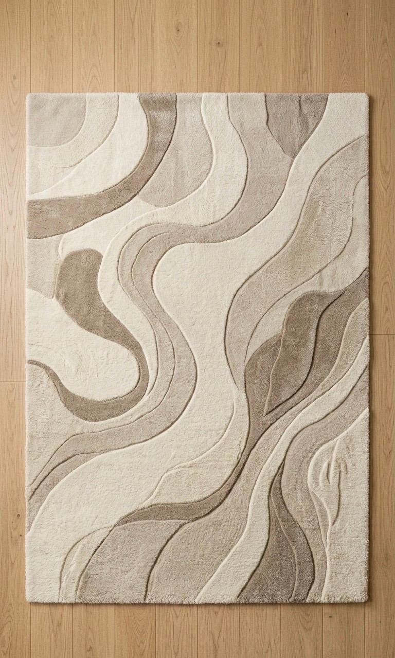 Luxury Hand Tufted Wool Rug | Neutral Beige Ivory Abstract Rug | 3D High-Low Sculpted Carpet | Modern Minimalist Bedroom Rug | Soft Plush