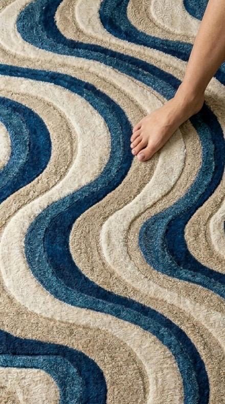 Blue Cream Wavy Wool Rug | Abstract Mid Century Modern Large Area Rug