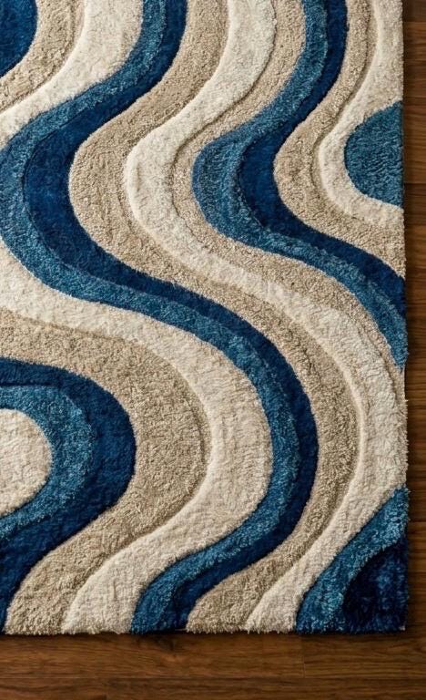 Blue Cream Wavy Wool Rug | Abstract Mid Century Modern Large Area Rug