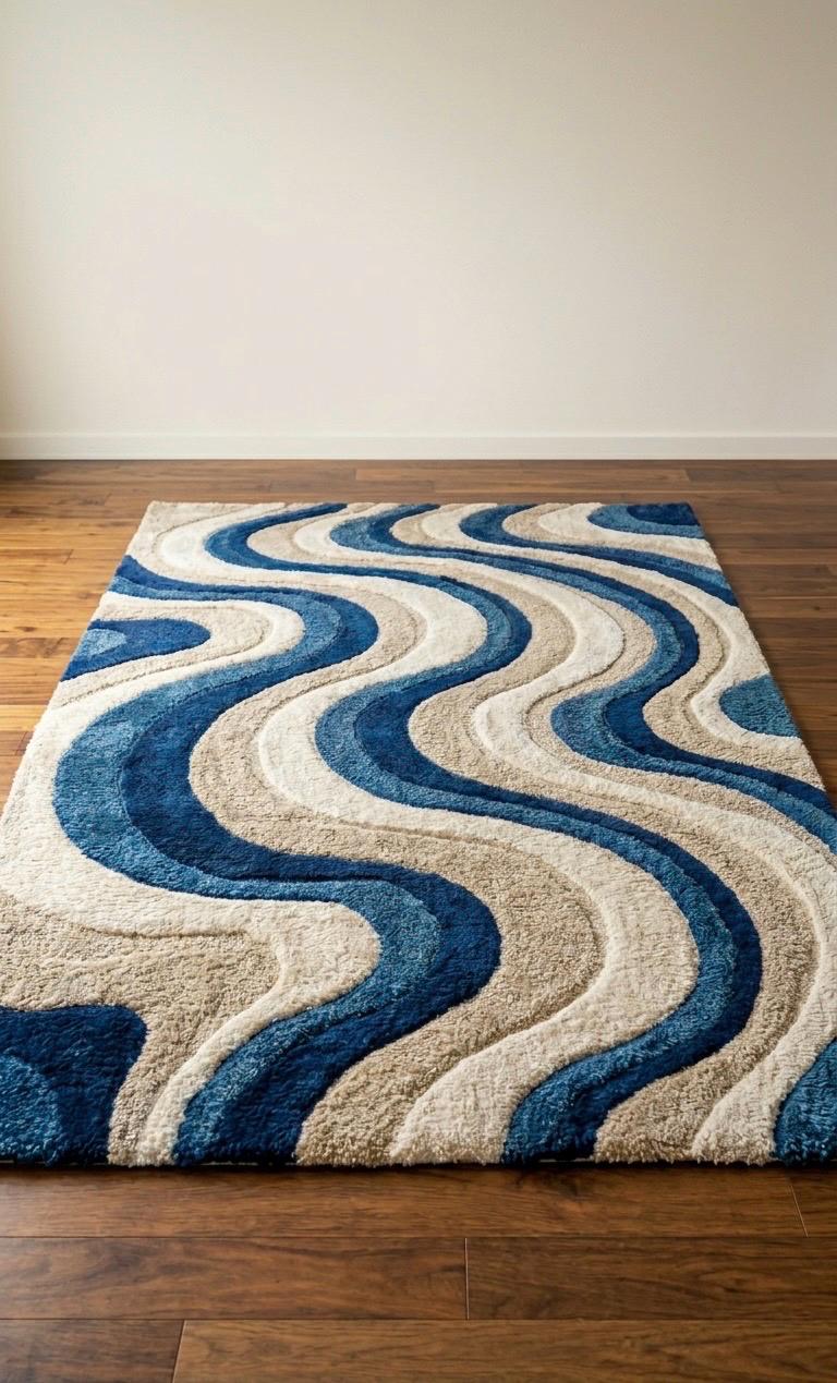 Blue Cream Wavy Wool Rug | Abstract Mid Century Modern Large Area Rug