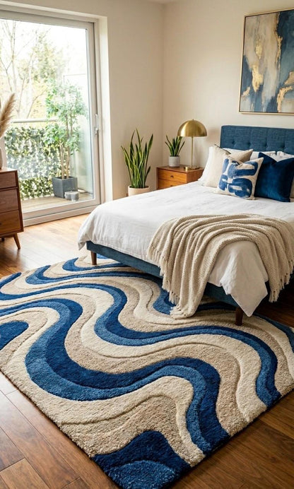 Blue Cream Wavy Wool Rug | Abstract Mid Century Modern Large Area Rug