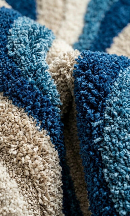 Blue Cream Wavy Wool Rug | Abstract Mid Century Modern Large Area Rug