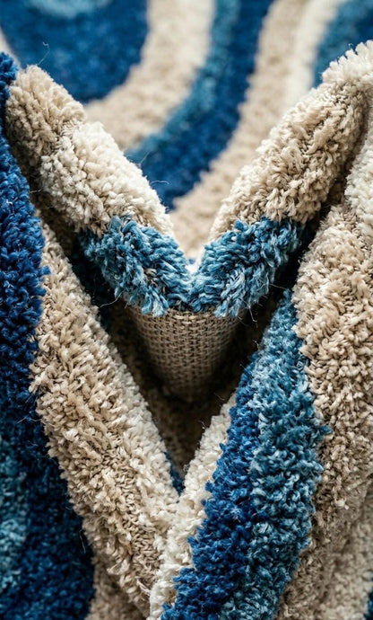 Blue Cream Wavy Wool Rug | Abstract Mid Century Modern Large Area Rug