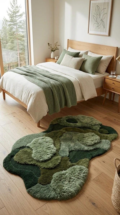 Organic Moss Rug Hand Tufted Wool Rug | Irregular Shape 3D Forest Floor Carpet | Biophilic Design Sage Green Olive Area Rug