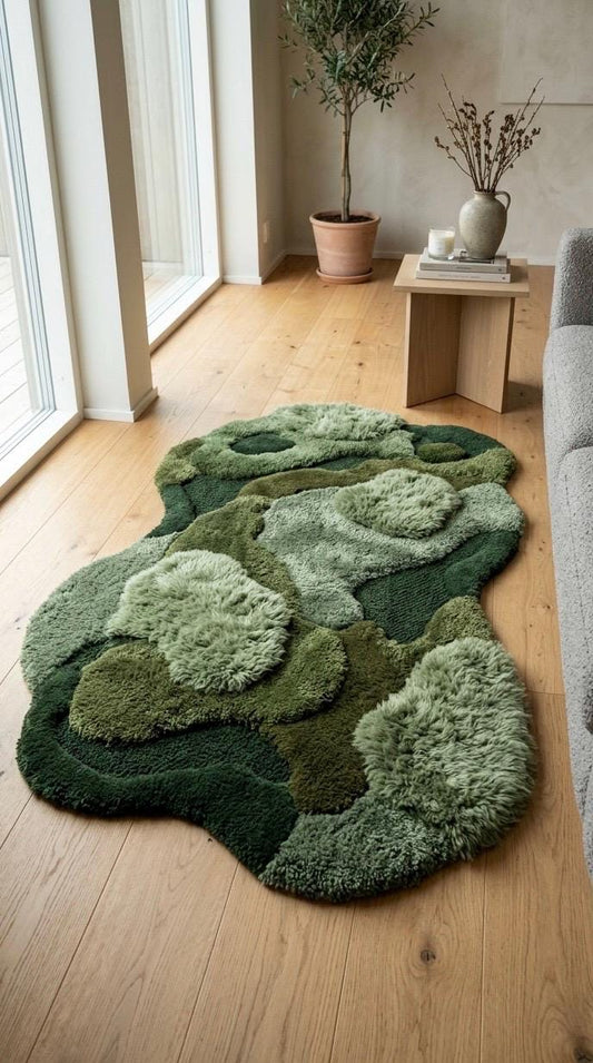 Organic Moss Rug Hand Tufted Wool Rug | Irregular Shape 3D Forest Floor Carpet | Biophilic Design Sage Green Olive Area Rug