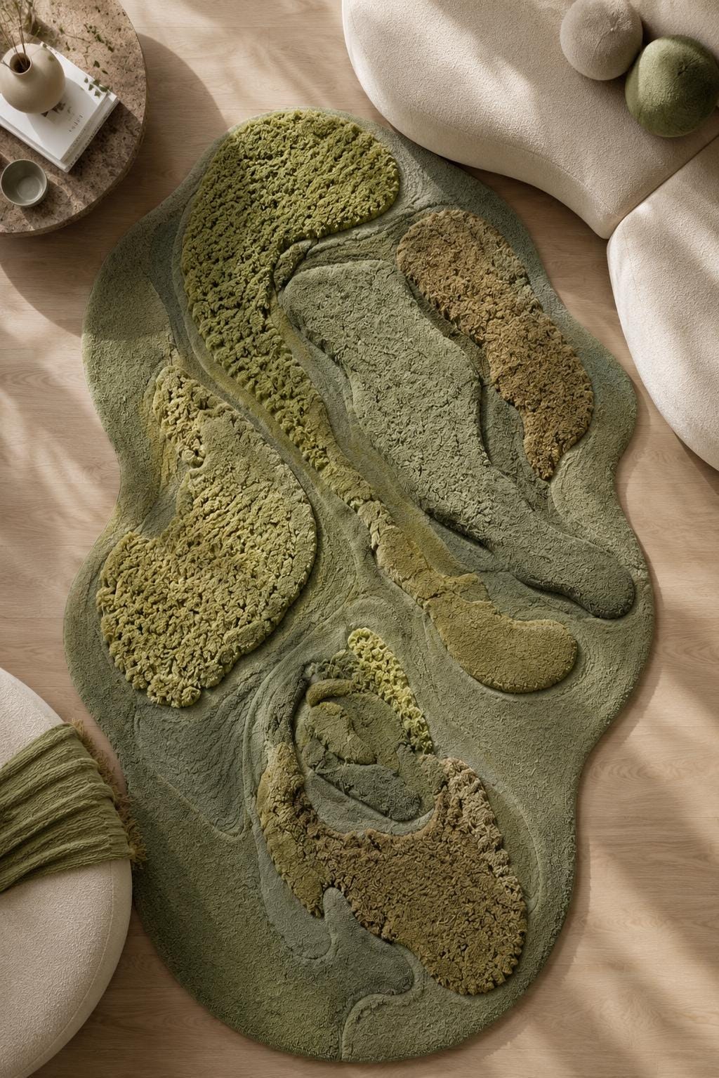 Hand Tufted Wool Rug, Organic Moss Shape Rug, Sculpted 3D Texture Carpet, Green Beige Modern Rug, Luxury Biophilic Home Decor, Custom Size
