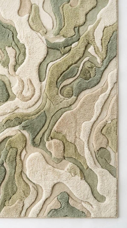 Organic Abstract Green Rug | Hand Tufted Wool Rug Neutral Sage Area Rug | Modern Sculpted 3D Texture Rug | Japandi Minimalist Room carpet
