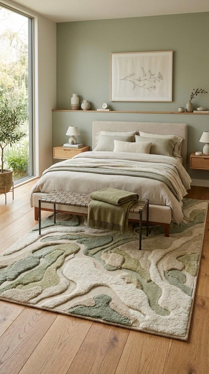 Organic Abstract Green Rug | Hand Tufted Wool Rug Neutral Sage Area Rug | Modern Sculpted 3D Texture Rug | Japandi Minimalist Room carpet
