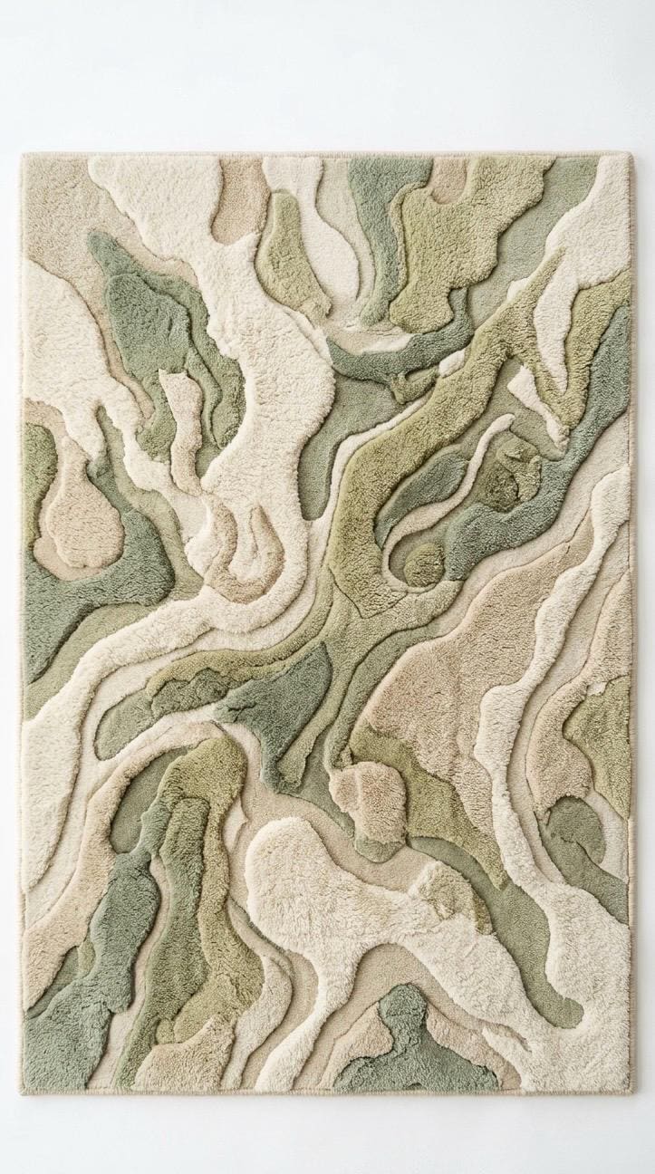 Organic Abstract Green Rug | Hand Tufted Wool Rug Neutral Sage Area Rug | Modern Sculpted 3D Texture Rug | Japandi Minimalist Room carpet