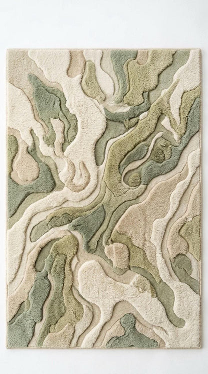 Organic Abstract Green Rug | Hand Tufted Wool Rug Neutral Sage Area Rug | Modern Sculpted 3D Texture Rug | Japandi Minimalist Room carpet