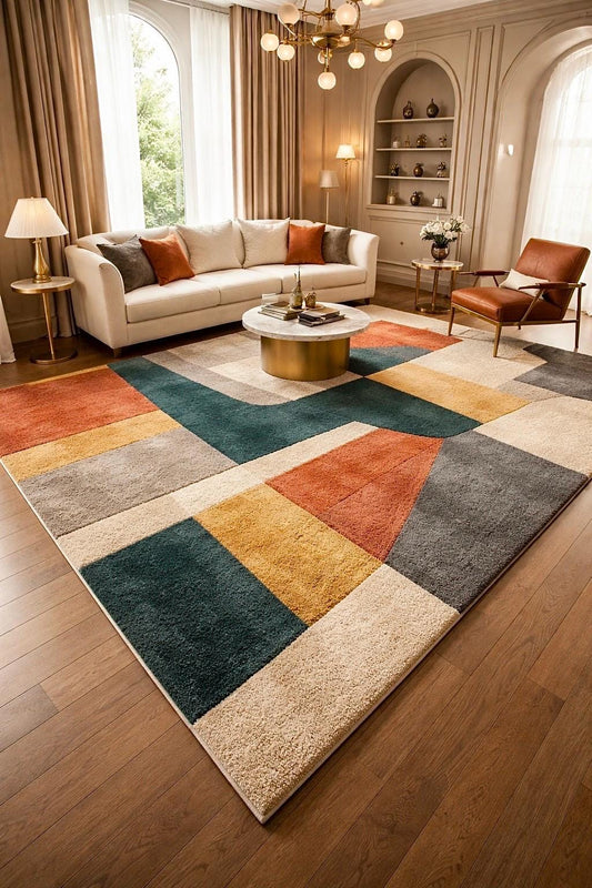 Mid Century Modern Abstract Geometric Hand Tufted Wool Rug | Minimalist Japandi Area Rug for Living Room | Earthy Tone Carpet  Free Shipping