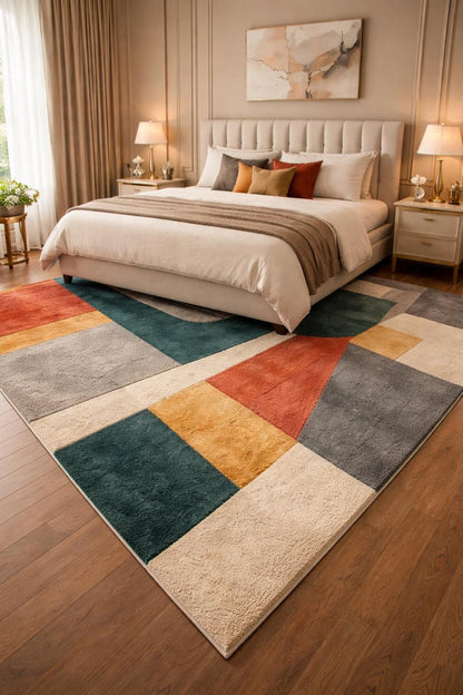 Mid Century Modern Abstract Geometric Hand Tufted Wool Rug | Minimalist Japandi Area Rug for Living Room | Earthy Tone Carpet  Free Shipping