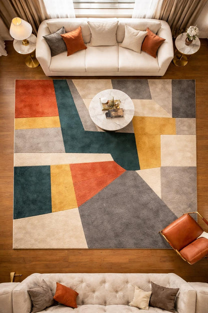 Mid Century Modern Abstract Geometric Hand Tufted Wool Rug | Minimalist Japandi Area Rug for Living Room | Earthy Tone Carpet  Free Shipping