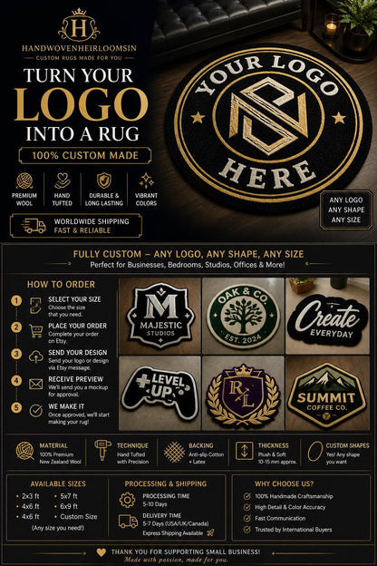 Custom Logo Rug | Personalized Rug from Your Design | Custom Business Logo Mat | Hand Tufted Wool Rug | Custom Shape Rug, Branding Rug Decor