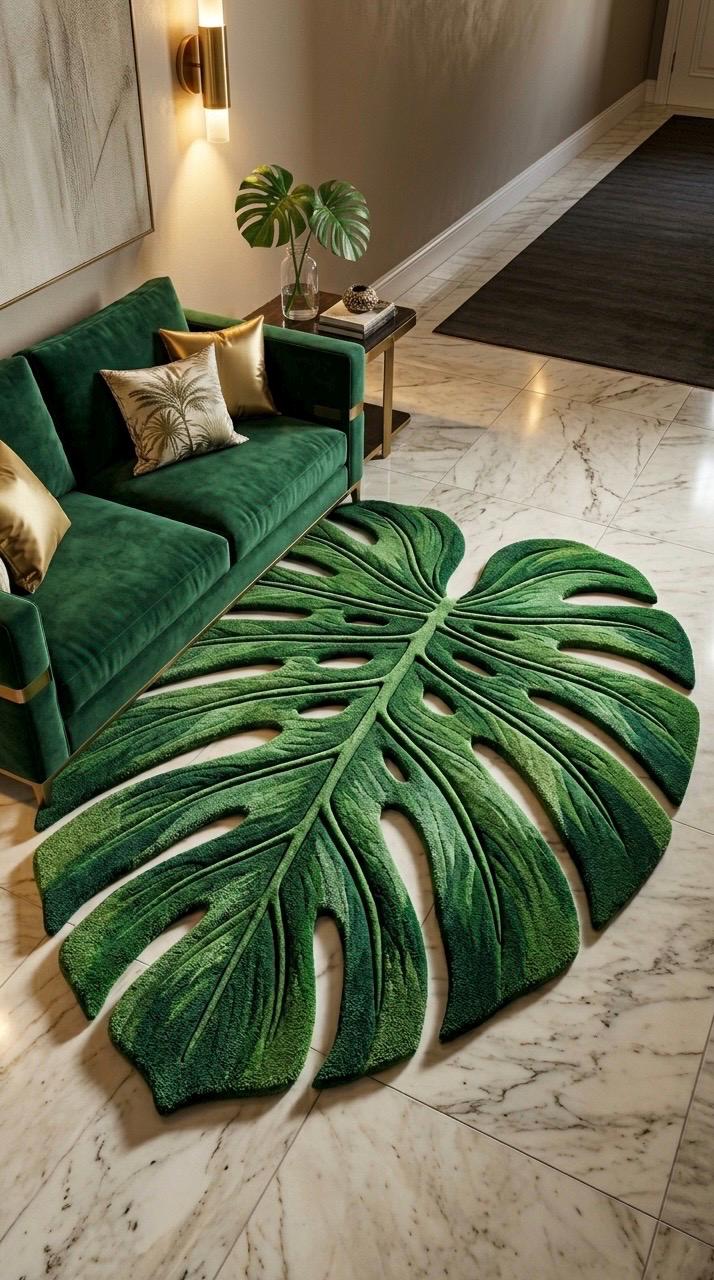 Monstera Leaf Rug | Hand Tufted Wool Rug |Botanical Green Area Rug | Organic Shape Rug | Luxury Statement Rug | Modern Tropical Home Decor