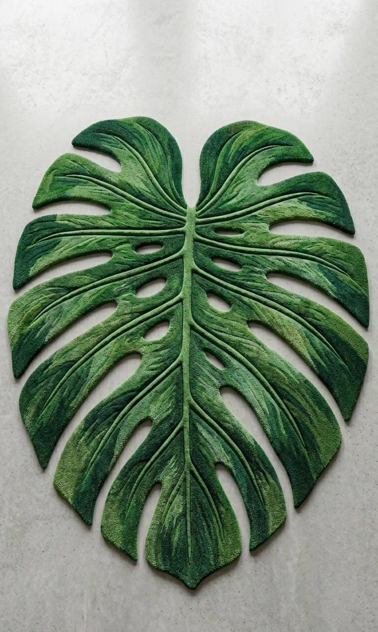 Monstera Leaf Rug | Hand Tufted Wool Rug |Botanical Green Area Rug | Organic Shape Rug | Luxury Statement Rug | Modern Tropical Home Decor