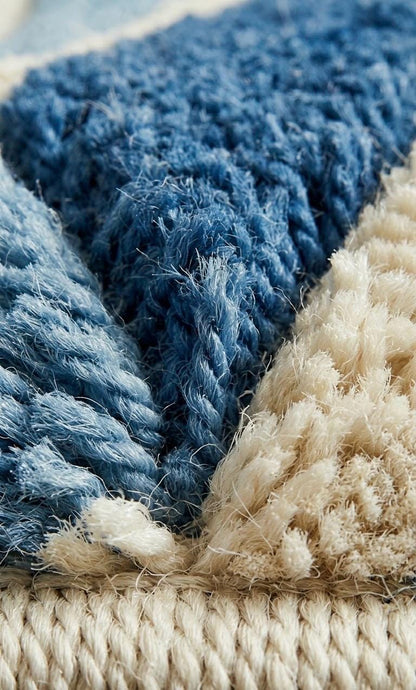 Hand Tufted Wool Rug Blue Cream Abstract | Modern Wavy Area Rug | Luxury Bedroom Living Room Carpet | Scandinavian Mid Century Floor Rug