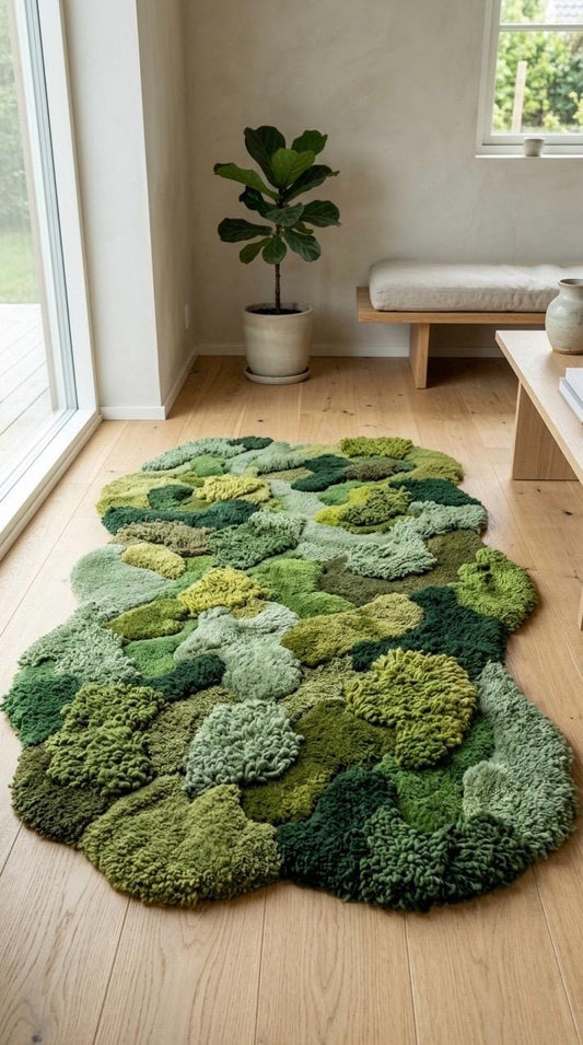 Luxury Moss Rug | Hand Tufted Wool Rug |Organic Shape Green Rug | Textured 3D Area Rug | Biophilic Home Decor | Custom Nature Rug