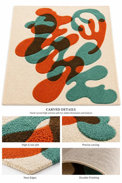 Luxury Abstract Hand Tufted Wool Rug |Modern Organic Area Rug | Contemporary Cream Orange Teal Carpet | Custom Handmade Bedroom Living Room