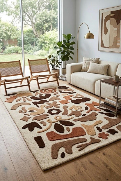 Abstract Tufted Wool Rug | Modern Handmade Area Rug | Neutral Beige Brown Rug | Luxury Bedroom Rug | Artistic Scandinavian Carpet | 9x12
