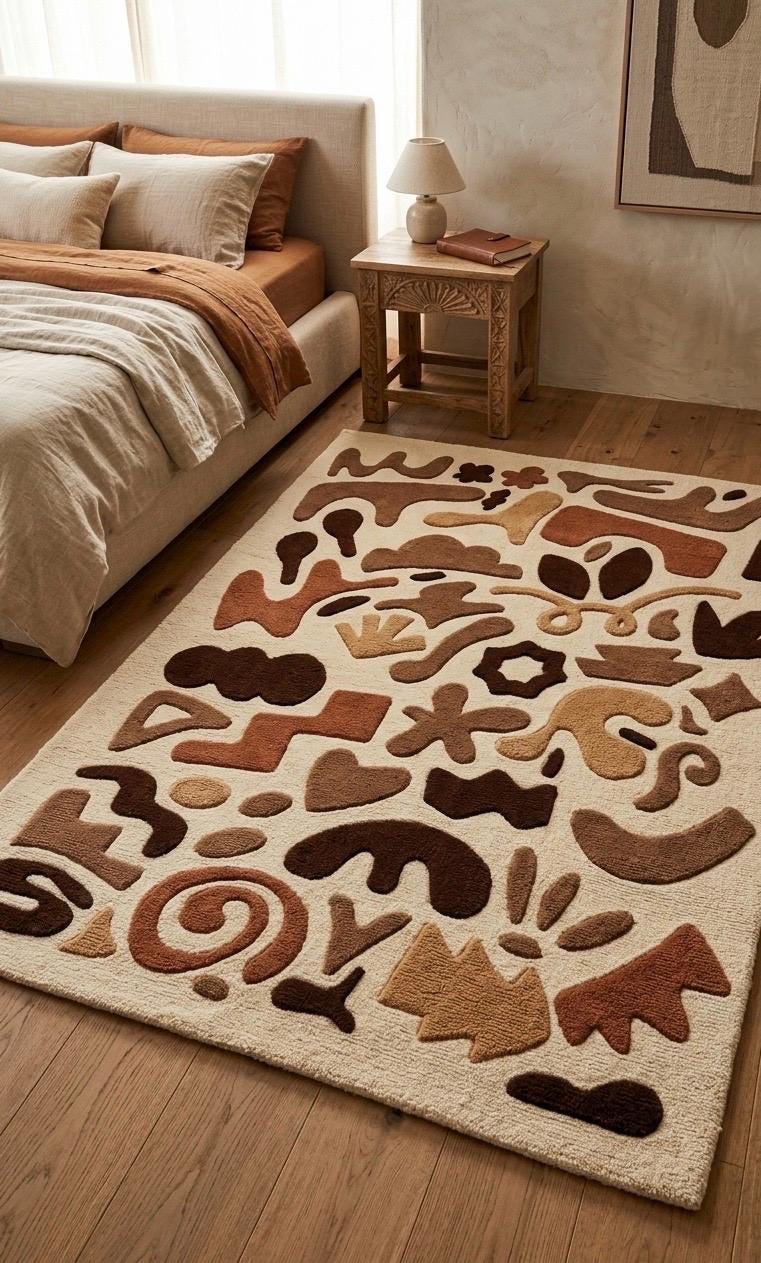 Abstract Tufted Wool Rug | Modern Handmade Area Rug | Neutral Beige Brown Rug | Luxury Bedroom Rug | Artistic Scandinavian Carpet | 9x12