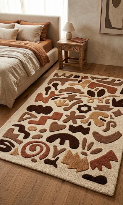 Abstract Tufted Wool Rug | Modern Handmade Area Rug | Neutral Beige Brown Rug | Luxury Bedroom Rug | Artistic Scandinavian Carpet | 9x12