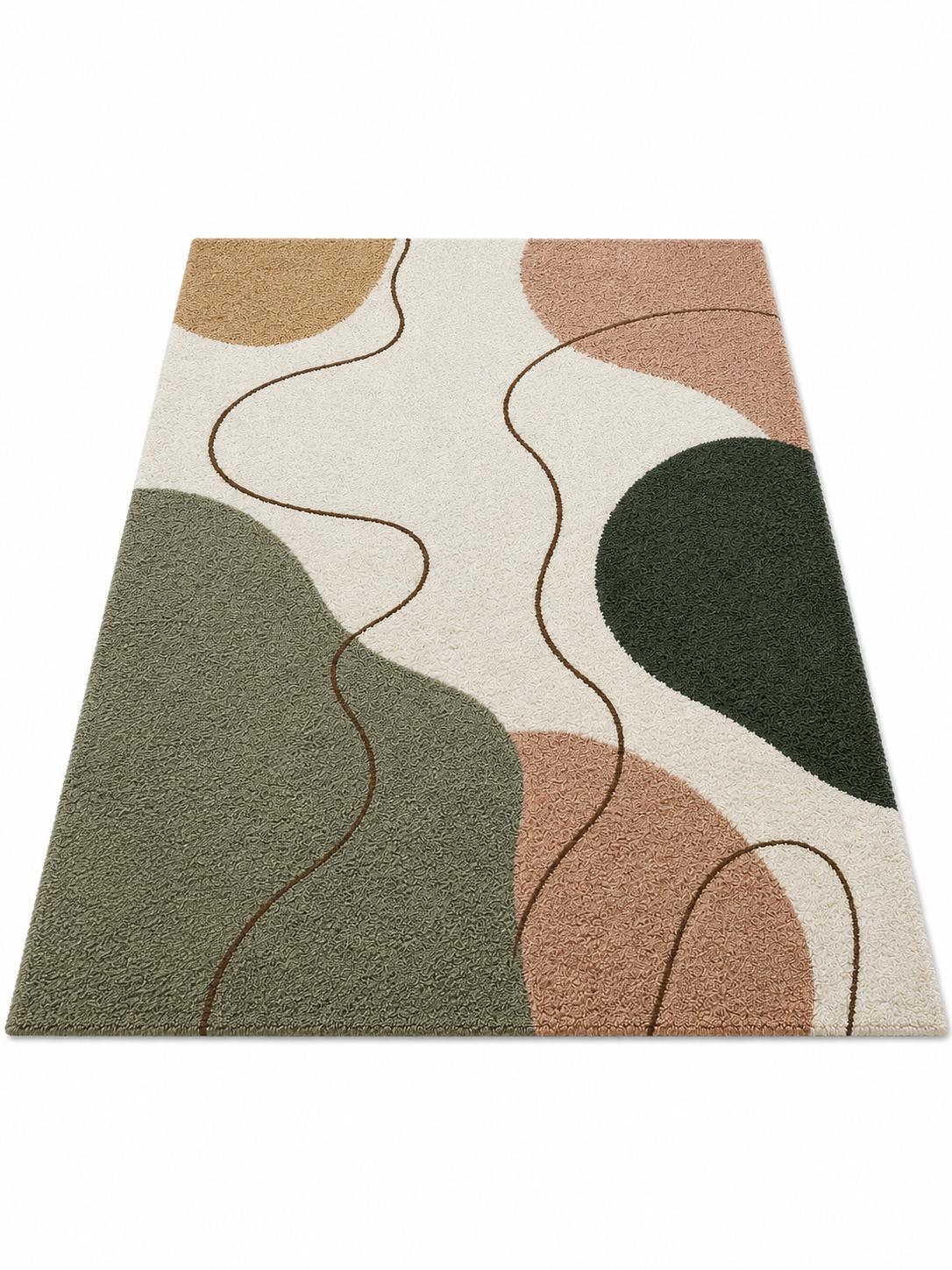 Abstract Neutral Tufted Wool Rug | Modern Japandi Boho Area Rug, Large Earthy Sage Green & Blush Moss Rug for Living Room, Bedroom Aesthetic