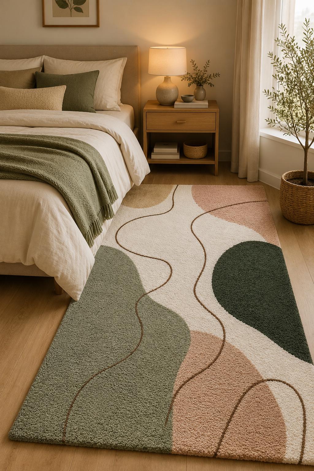 Abstract Neutral Tufted Wool Rug | Modern Japandi Boho Area Rug, Large Earthy Sage Green & Blush Moss Rug for Living Room, Bedroom Aesthetic