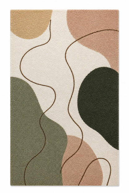 Abstract Neutral Tufted Wool Rug | Modern Japandi Boho Area Rug, Large Earthy Sage Green & Blush Moss Rug for Living Room, Bedroom Aesthetic