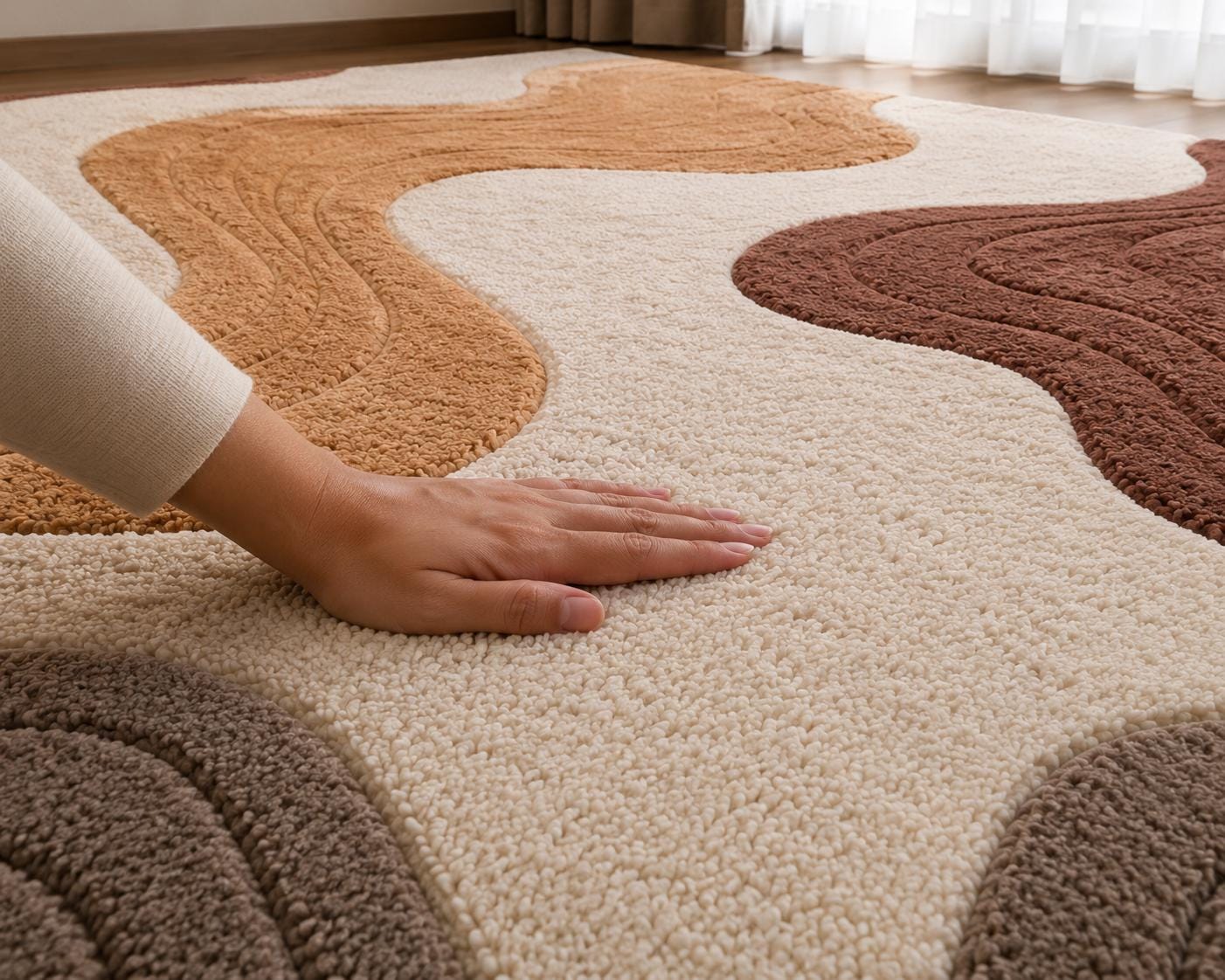 Luxury Neutral Abstract Rug | Hand Tufted Wool Area Rug | Modern Beige Brown Carpet | Scandinavian Living Room Rug | Curved Organic rug