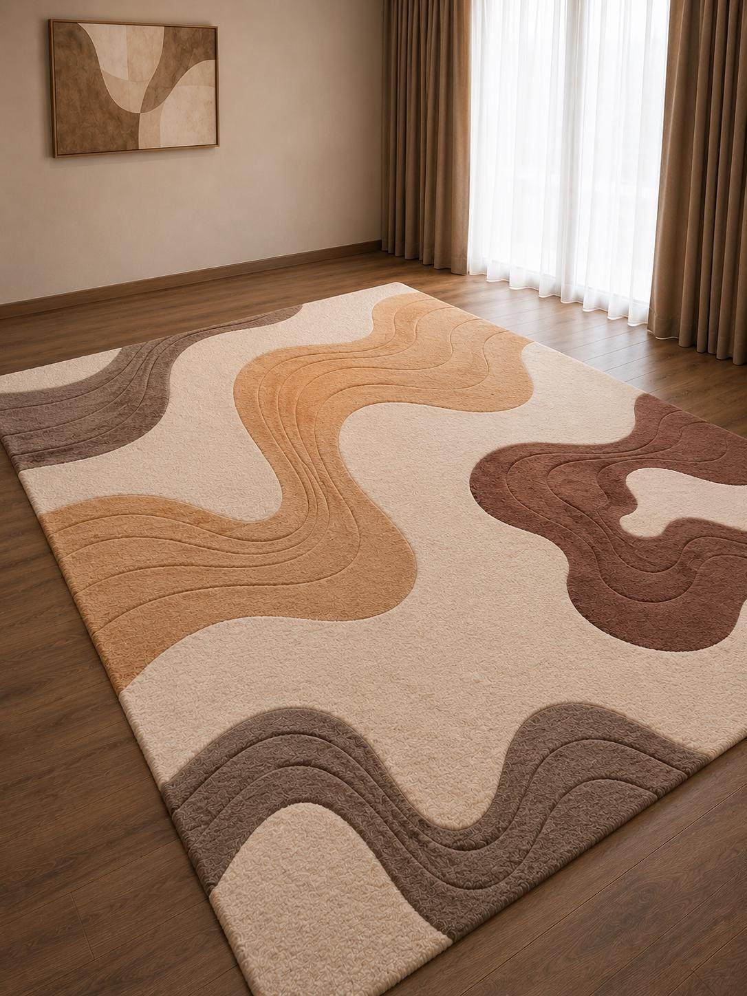 Luxury Neutral Abstract Rug | Hand Tufted Wool Area Rug | Modern Beige Brown Carpet | Scandinavian Living Room Rug | Curved Organic rug