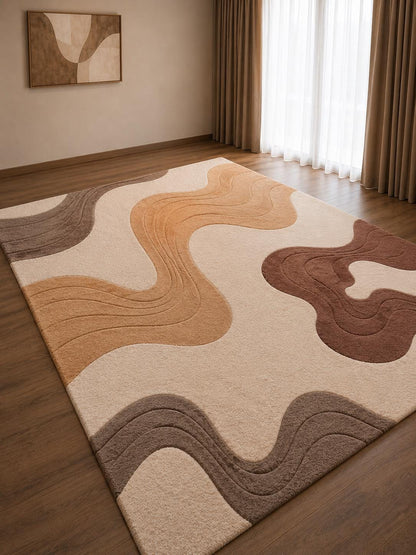 Luxury Neutral Abstract Rug | Hand Tufted Wool Area Rug | Modern Beige Brown Carpet | Scandinavian Living Room Rug | Curved Organic rug