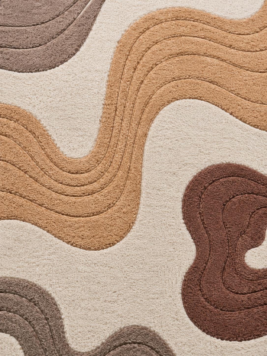 Luxury Neutral Abstract Rug | Hand Tufted Wool Area Rug | Modern Beige Brown Carpet | Scandinavian Living Room Rug | Curved Organic rug
