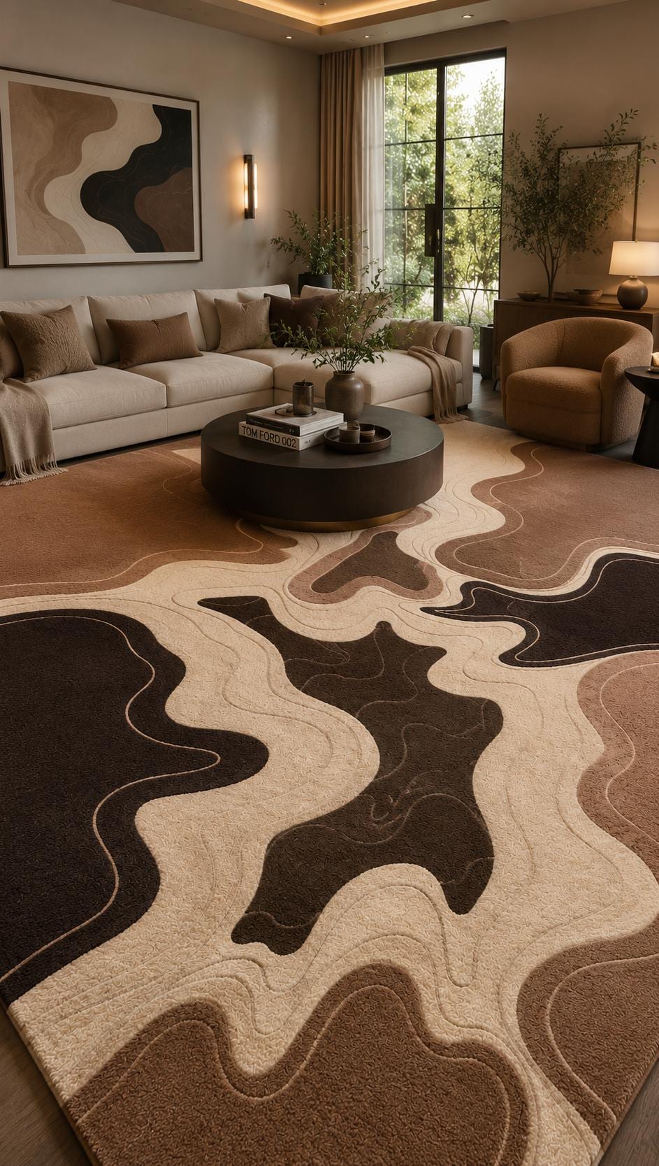 Luxury Hand Tufted Wool Rug | Abstract Neutral Area Rug | Modern Beige Brown Carpet | High Pile Sculpted Rug | Living Room Bedroom Rug