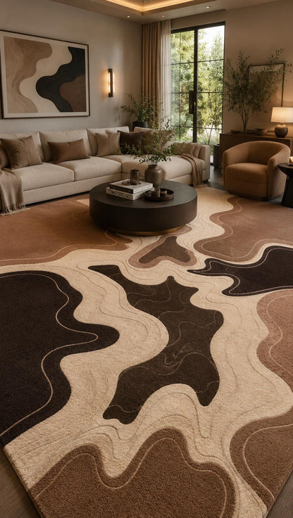 Luxury Hand Tufted Wool Rug | Abstract Neutral Area Rug | Modern Beige Brown Carpet | High Pile Sculpted Rug | Living Room Bedroom Rug